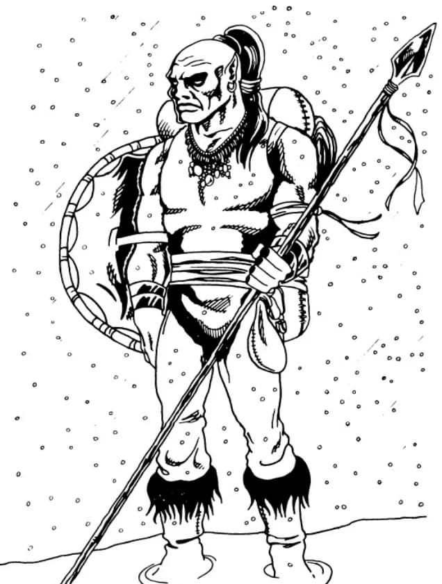 A grim Netherman with spear and coiled rope in falling snow