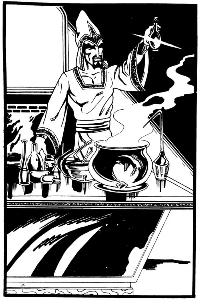 An alchemist in a tall hat at his workbench with a steaming cauldron and glassware