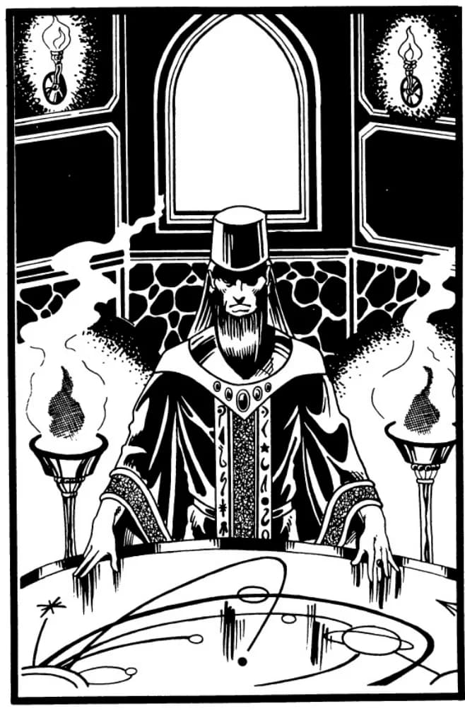 An astrologer in a tall hat at an orrery table between flaming braziers