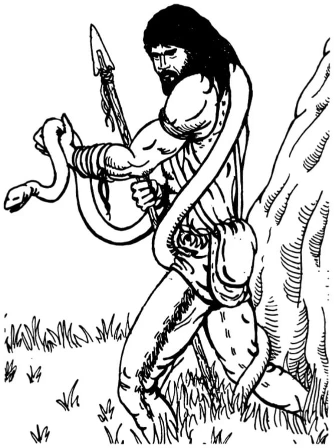 A beastmaster wrestling a great serpent in the grass, spear in hand