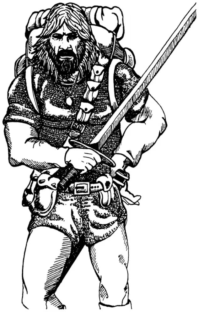 A shaggy bounty hunter in mail with sword and pack