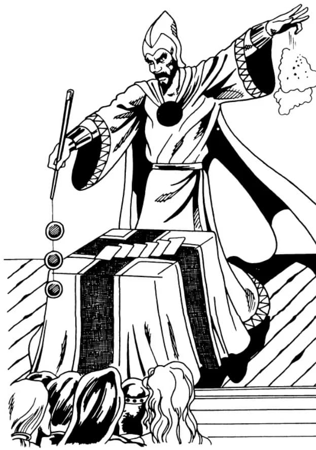 A charlatan in flamboyant robes performing a trick before an audience