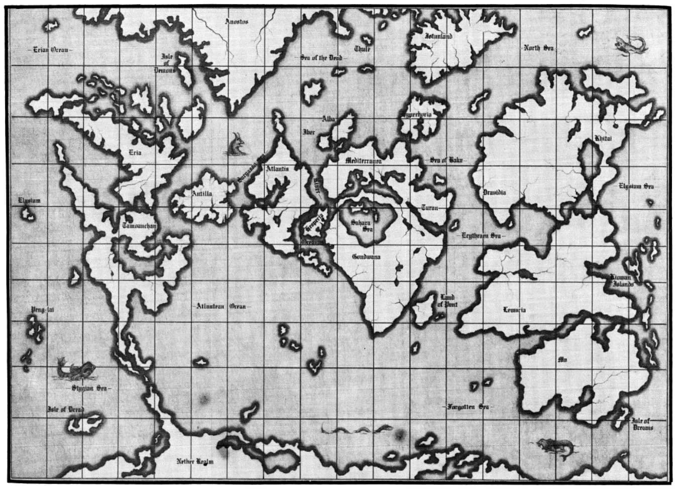 Map of the Atlantean world with Atlantis, Lemuria, Hyperboria and surrounding seas
