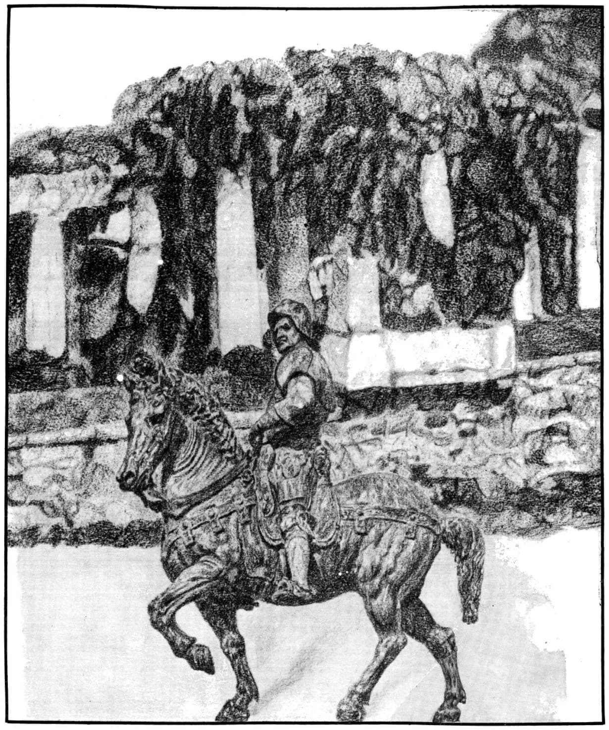An armored rider on a rearing horse before ruined columns