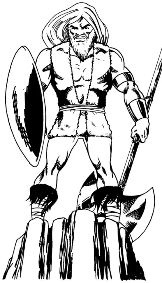 A towering bearded Aesir warrior with shield and battle-axe on a rocky crag