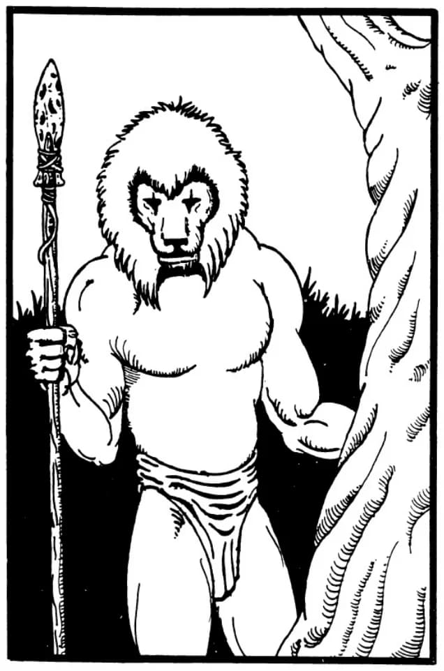 A lion-headed Andaman tribesman holding a spear beside a tree