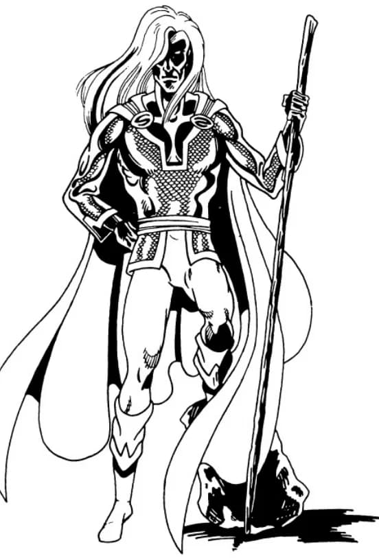 A pale, long-haired Druas in a cloak leaning on a staff