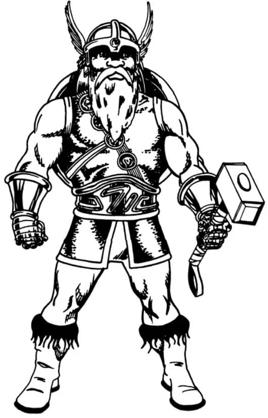 A stocky winged-helmed dwarf warrior with a war hammer