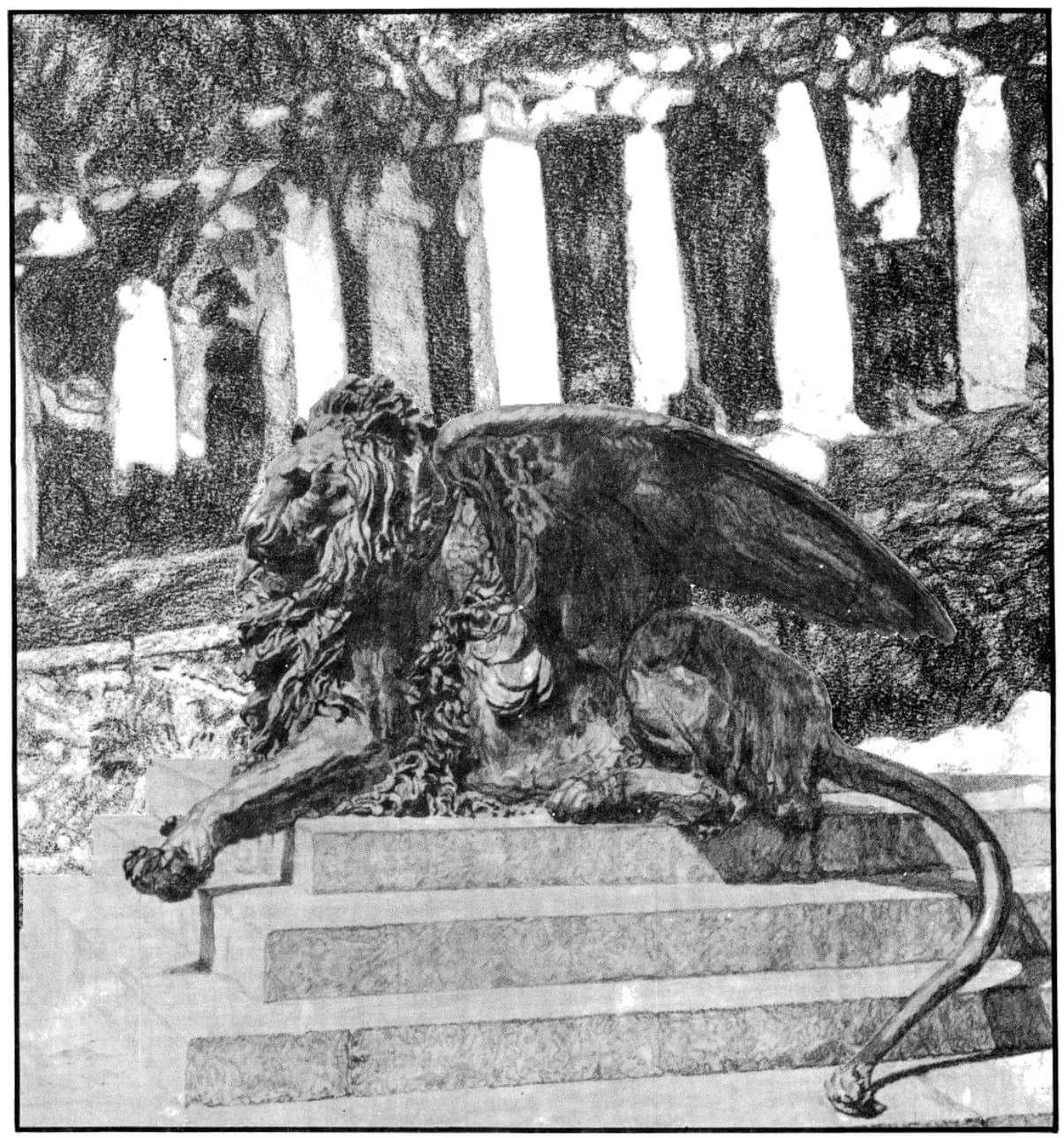 A winged lion statue reclining on stone steps before a colonnade (title-page frontispiece)